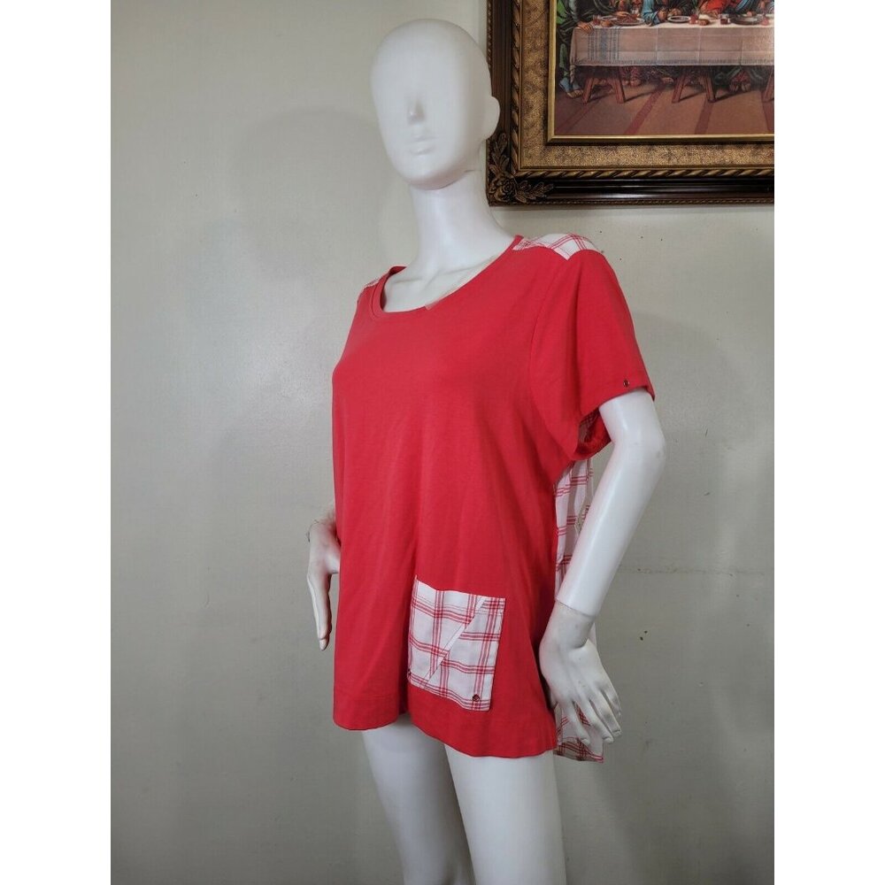 Westbound Top Women's Size 1X Plus Pink White Plaid Crewneck Short Sleeve (37) - Picture 2 of 9